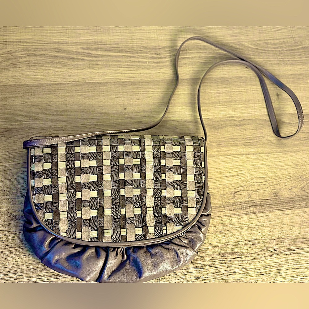 MEYERS USA Vintage Leather Woven Crossbody Taupe & Cream Bag Women’s Size OS